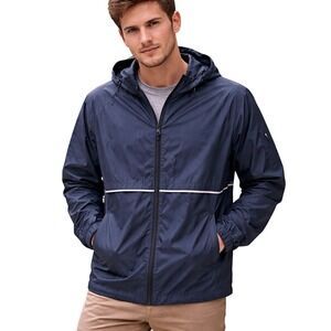 Viking Men's Full Zip Long Sleeve Hooded Packable Raincoat Jacket Blue Size XL